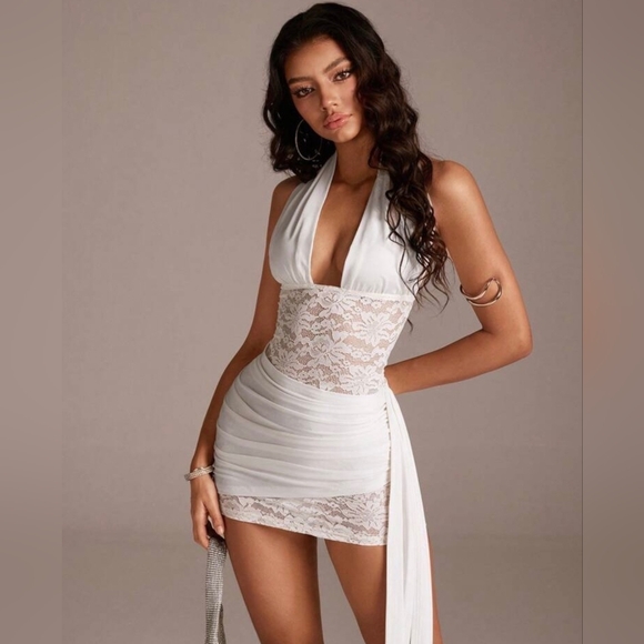 White Lace Halter Mini Dress with Draped Sash Detail - Picture 2 of 8